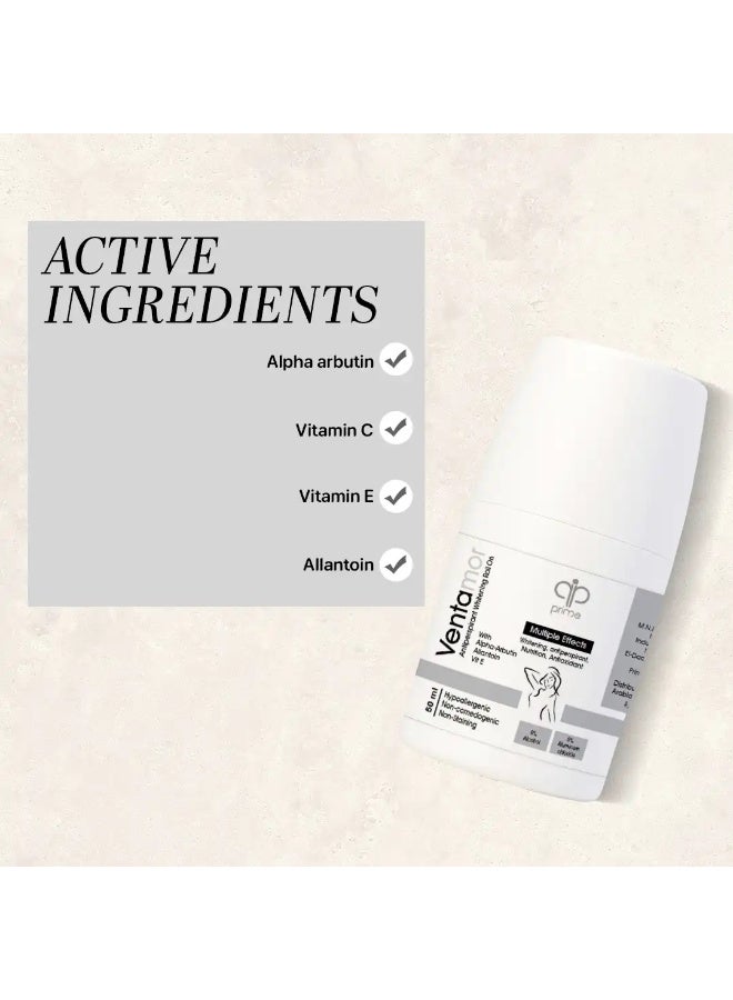 Ventamor Whitening Antiperspirant Roll-On 50 ml with Alpha Arbutin, Allantoin & Vitamin E – 48H Sweat Protection, Brightens Underarms, Hypoallergenic, Alcohol & Aluminum Free - Image 3